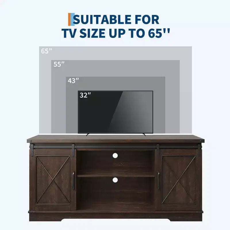 Meuble TV de ferme pour téléviseurs jusqu'à 65 pouces et centre de divertissement avec portes de grange coulissantes et étagère réglable, console média avec armoire de rangement