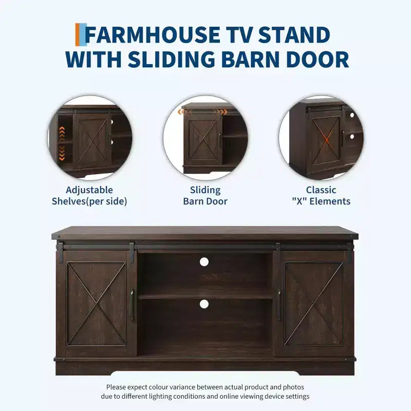 Meuble TV de ferme pour téléviseurs jusqu'à 65 pouces et centre de divertissement avec portes de grange coulissantes et étagère réglable, console média avec armoire de rangement