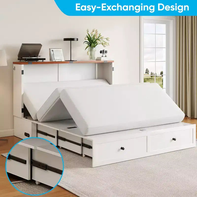 Lit escamotable Mjkone double/grand format avec rangement, SANS MATELAS