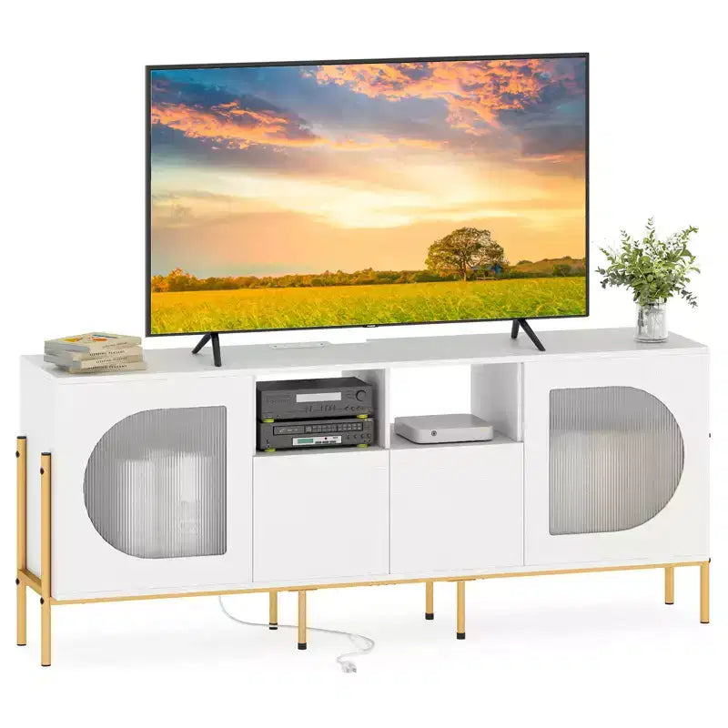 Meuble TV Costway avec station de charge pour téléviseurs 70 pouces, portes cannelées et 2 tiroirs de rangement, blanc
