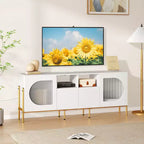 Meuble TV Costway avec station de charge pour téléviseurs 70 pouces, portes cannelées et 2 tiroirs de rangement, blanc