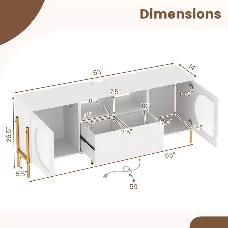 Meuble TV Costway avec station de charge pour téléviseurs 70 pouces, portes cannelées et 2 tiroirs de rangement, blanc