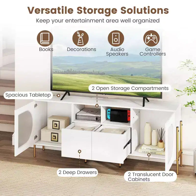 Meuble TV Costway avec station de charge pour téléviseurs 70 pouces, portes cannelées et 2 tiroirs de rangement, blanc