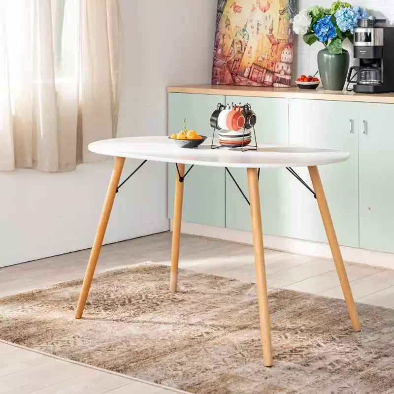 FurnitureR Table à manger ovale moderne de 120 cm pour 4 à 6 personnes, table blanche fonctionnelle avec pieds en bois pour bureau à domicile, cuisine, salle à manger, patio