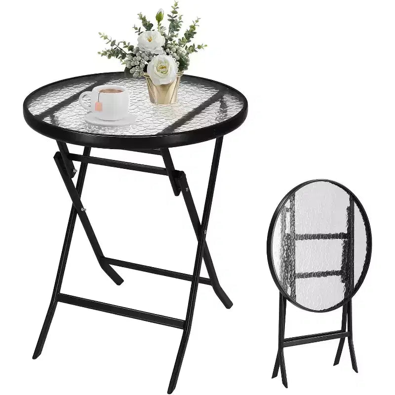VINGLI Folding Glass Outdoor Side Table, 23.6 Inches Small Foldable Patio Bistro Table with Tempered Glass Table Top,Round