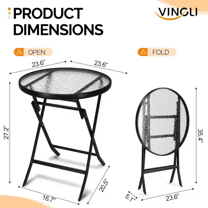 VINGLI Table d'appoint pliable en verre pour l'extérieur, petite table de bistro pliante de 60 cm avec plateau en verre trempé, ronde