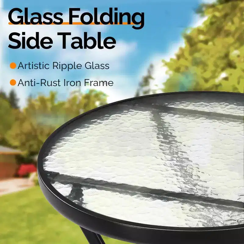 VINGLI Table d'appoint pliable en verre pour l'extérieur, petite table de bistro pliante de 60 cm avec plateau en verre trempé, ronde