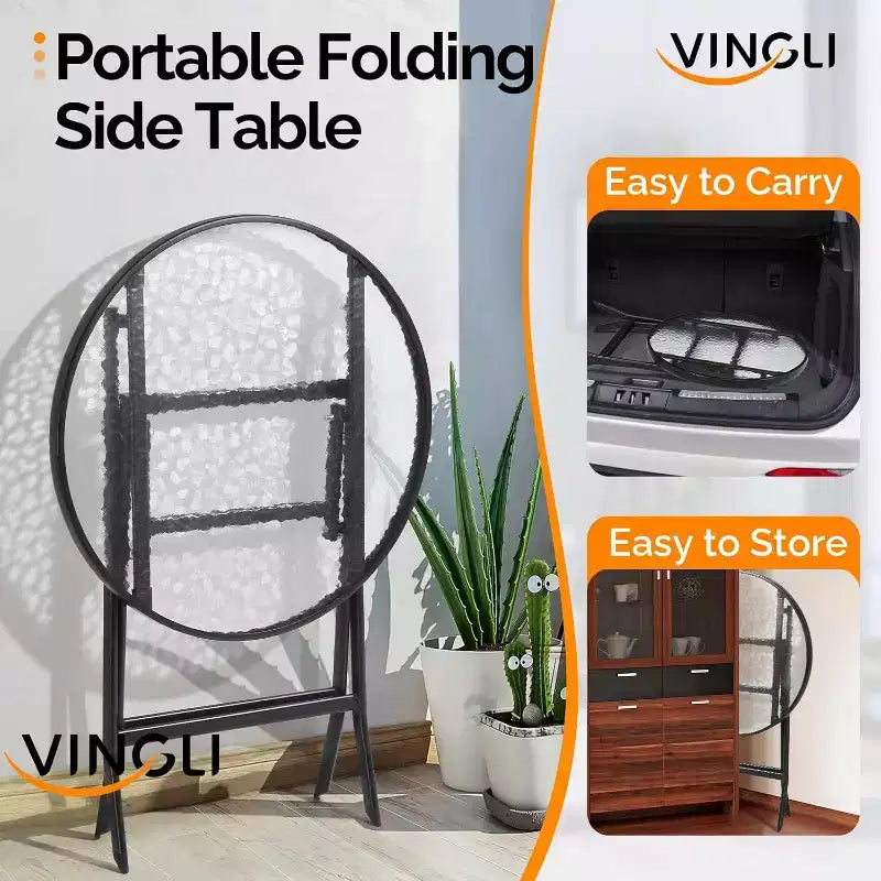 VINGLI Table d'appoint pliable en verre pour l'extérieur, petite table de bistro pliante de 60 cm avec plateau en verre trempé, ronde