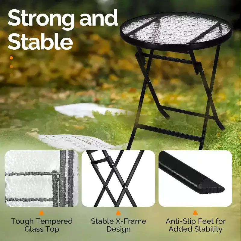 VINGLI Table d'appoint pliable en verre pour l'extérieur, petite table de bistro pliante de 60 cm avec plateau en verre trempé, ronde