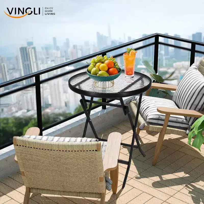 VINGLI Table d'appoint pliable en verre pour l'extérieur, petite table de bistro pliante de 60 cm avec plateau en verre trempé, ronde