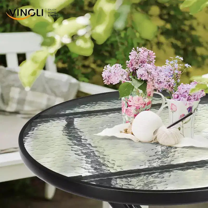 VINGLI Table d'appoint pliable en verre pour l'extérieur, petite table de bistro pliante de 60 cm avec plateau en verre trempé, ronde