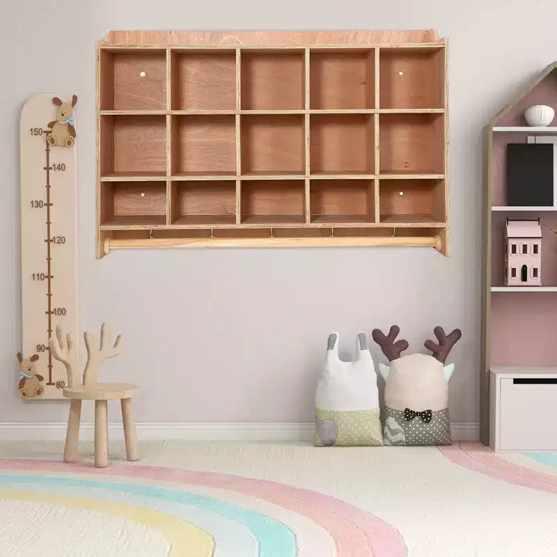 Organisateur de rangement mural avec 15 casiers, étagère à chaussures et crochets, 120 cm de large, pour garderie, salle de classe, chambre d'enfants