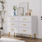 Commode moderne à 6 tiroirs avec poignées dorées et pieds en métal pour un salon, un couloir ou une entrée