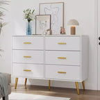 Commode moderne à 6 tiroirs avec poignées dorées et pieds en métal pour un salon, un couloir ou une entrée