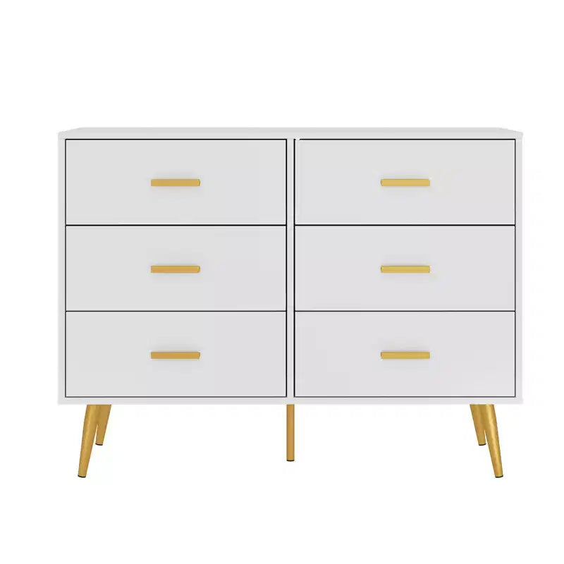 Commode moderne à 6 tiroirs avec poignées dorées et pieds en métal pour un salon, un couloir ou une entrée