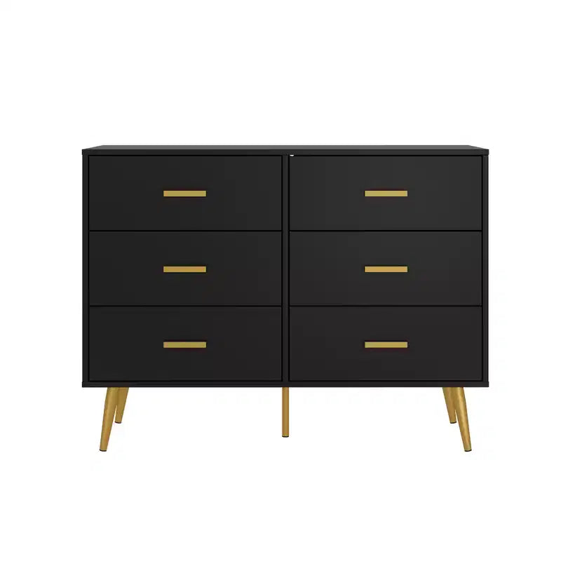 Commode moderne à 6 tiroirs avec poignées dorées et pieds en métal pour un salon, un couloir ou une entrée