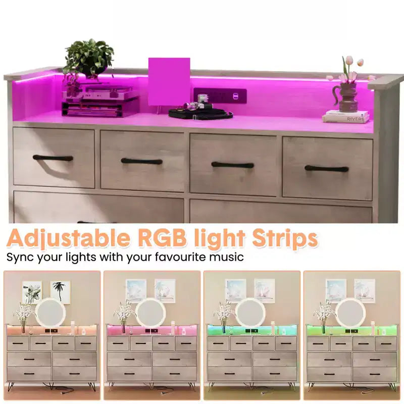Meuble de rangement, commode 8 tiroirs avec lumières LED et station de charge, commode en bois, espace ouvert, entrée, organiseur de rangement pour salon