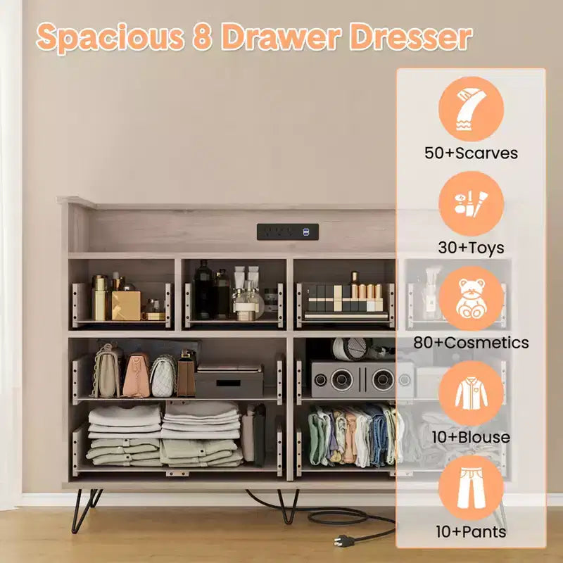 Meuble de rangement, commode 8 tiroirs avec lumières LED et station de charge, commode en bois, espace ouvert, entrée, organiseur de rangement pour salon