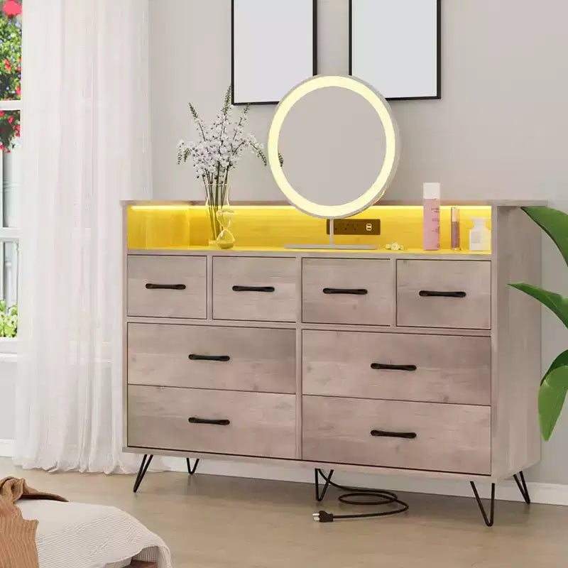 Meuble de rangement, commode 8 tiroirs avec lumières LED et station de charge, commode en bois, espace ouvert, entrée, organiseur de rangement pour salon