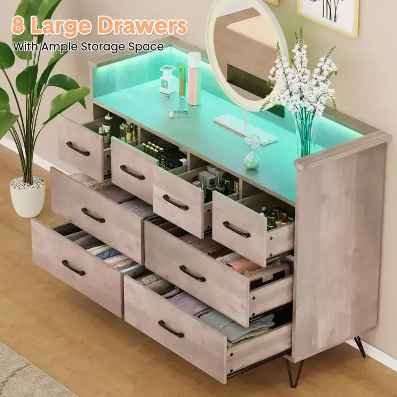Meuble de rangement, commode 8 tiroirs avec lumières LED et station de charge, commode en bois, espace ouvert, entrée, organiseur de rangement pour salon