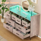 Meuble de rangement, commode 8 tiroirs avec lumières LED et station de charge, commode en bois, espace ouvert, entrée, organiseur de rangement pour salon