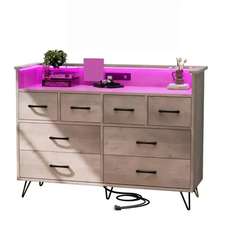 Meuble de rangement, commode 8 tiroirs avec lumières LED et station de charge, commode en bois, espace ouvert, entrée, organiseur de rangement pour salon