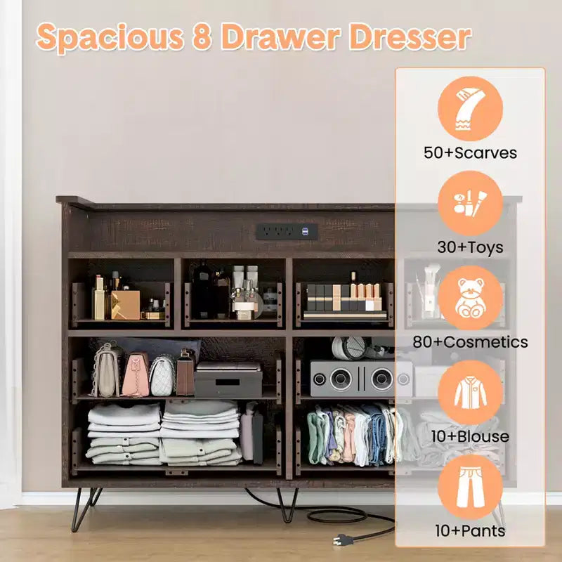 Meuble de rangement, commode 8 tiroirs avec lumières LED et station de charge, commode en bois, espace ouvert, entrée, organiseur de rangement pour salon