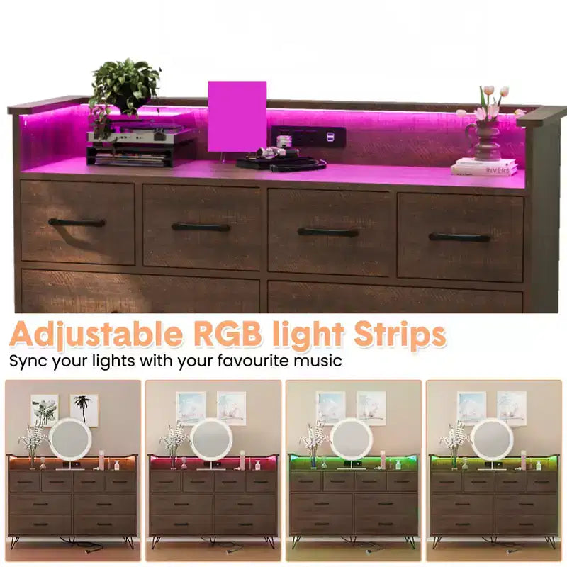Meuble de rangement, commode 8 tiroirs avec lumières LED et station de charge, commode en bois, espace ouvert, entrée, organiseur de rangement pour salon