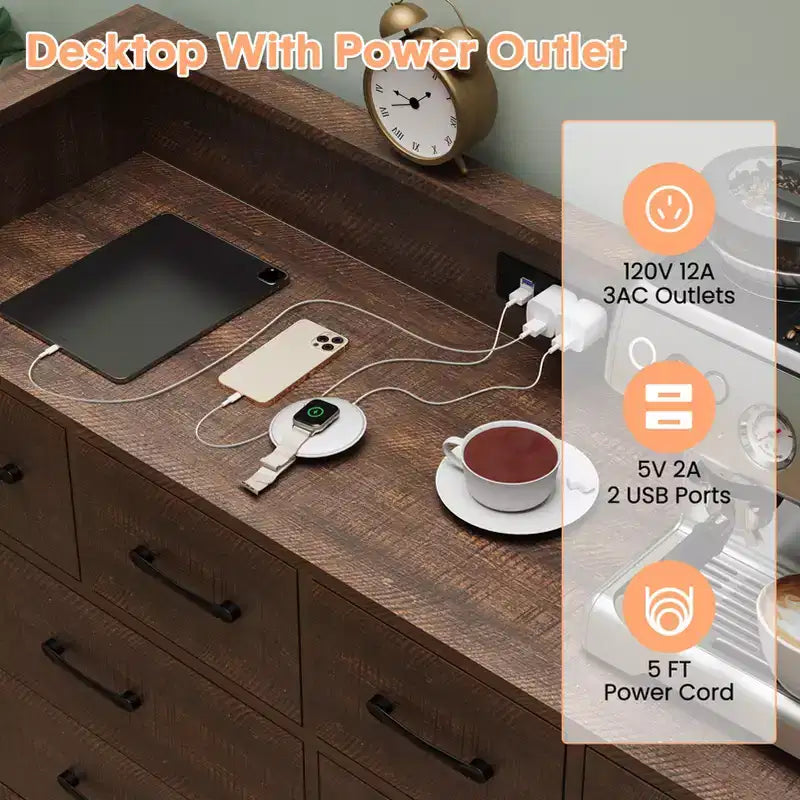 Meuble de rangement, commode 8 tiroirs avec lumières LED et station de charge, commode en bois, espace ouvert, entrée, organiseur de rangement pour salon