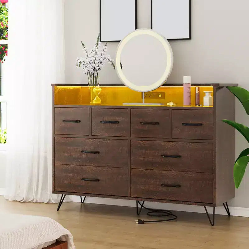Meuble de rangement, commode 8 tiroirs avec lumières LED et station de charge, commode en bois, espace ouvert, entrée, organiseur de rangement pour salon
