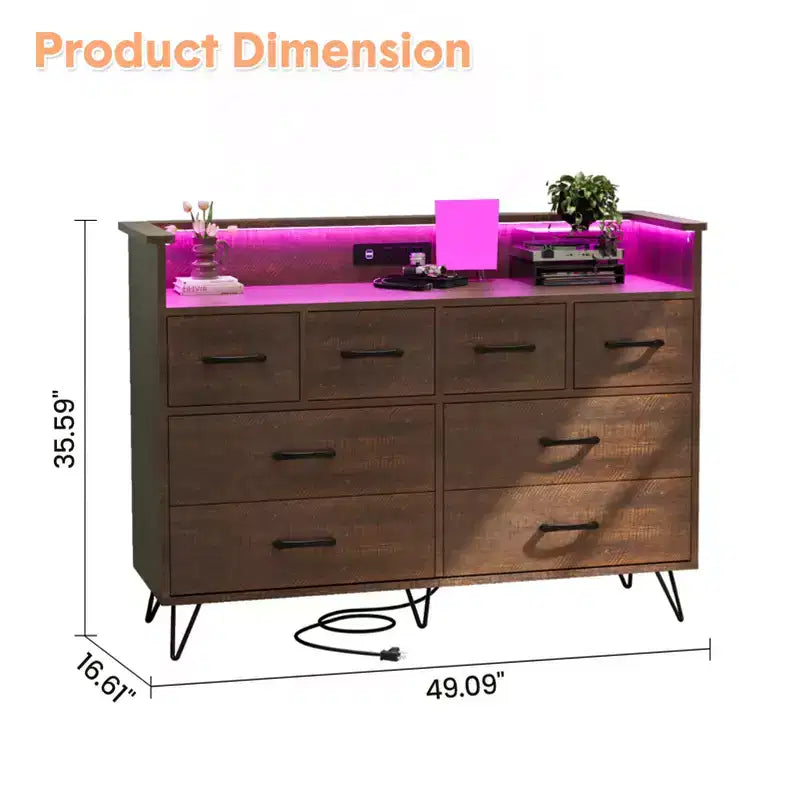 Meuble de rangement, commode 8 tiroirs avec lumières LED et station de charge, commode en bois, espace ouvert, entrée, organiseur de rangement pour salon