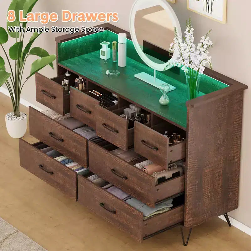 Meuble de rangement, commode 8 tiroirs avec lumières LED et station de charge, commode en bois, espace ouvert, entrée, organiseur de rangement pour salon
