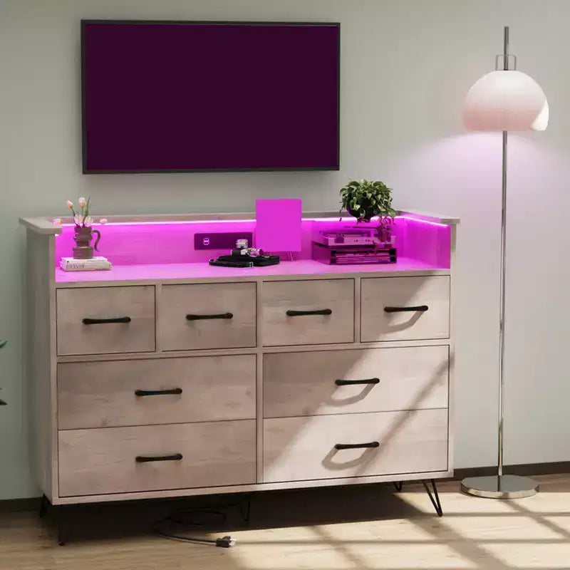 Meuble de rangement, commode 8 tiroirs avec lumières LED et station de charge, commode en bois, espace ouvert, entrée, organiseur de rangement pour salon