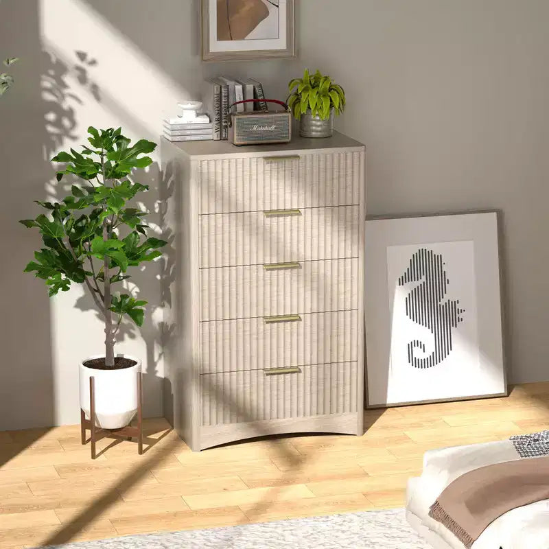 Commode haute en bois à 5 tiroirs, tiroirs coulissants lisses, grand espace de rangement, armoire de rangement moderne pour chambre ou couloir