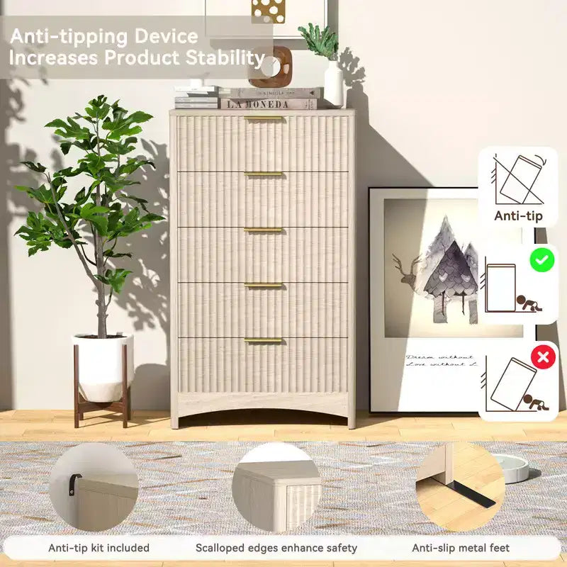 Commode haute en bois à 5 tiroirs, tiroirs coulissants lisses, grand espace de rangement, armoire de rangement moderne pour chambre ou couloir
