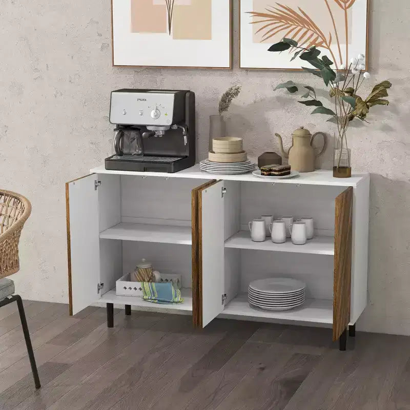 Buffet de cuisine avec étagères réglables, 4 portes à chevrons et pieds en bois de pin