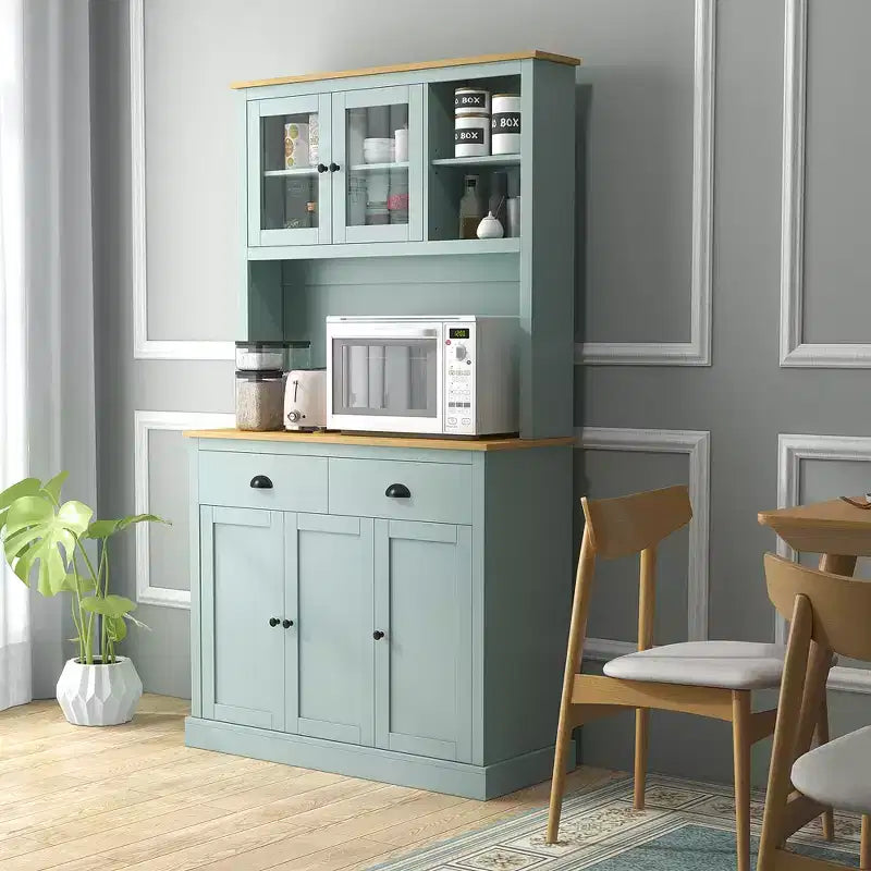 71 Garde-manger autoportant, buffet de cuisine avec huche, meuble de rangement moderne, meuble à micro-ondes avec tiroirs, portes en verre et étagères réglables