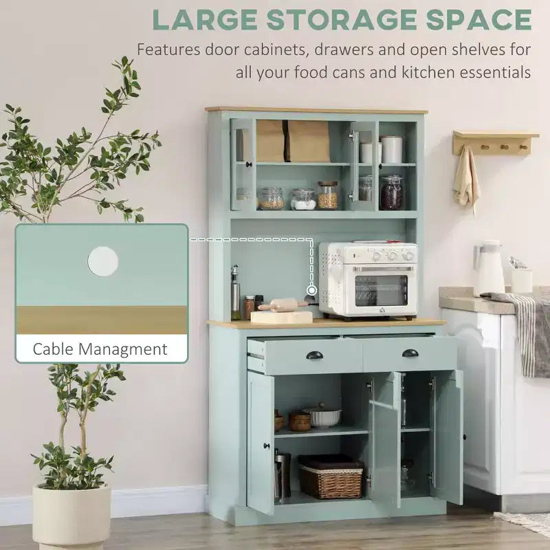71 Garde-manger autoportant, buffet de cuisine avec huche, meuble de rangement moderne, meuble à micro-ondes avec tiroirs, portes en verre et étagères réglables