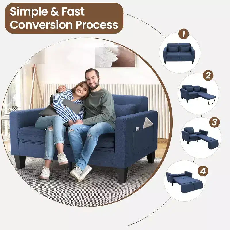 Homdox Canapé convertible 6-en-1, Causeuse de 147 cm avec lit gigogne, Poches de rangement et 2 oreillers, Futon en lin moderne