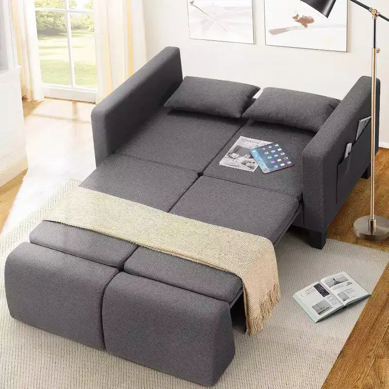 Homdox Canapé convertible 6-en-1, Causeuse de 147 cm avec lit gigogne, Poches de rangement et 2 oreillers, Futon en lin moderne