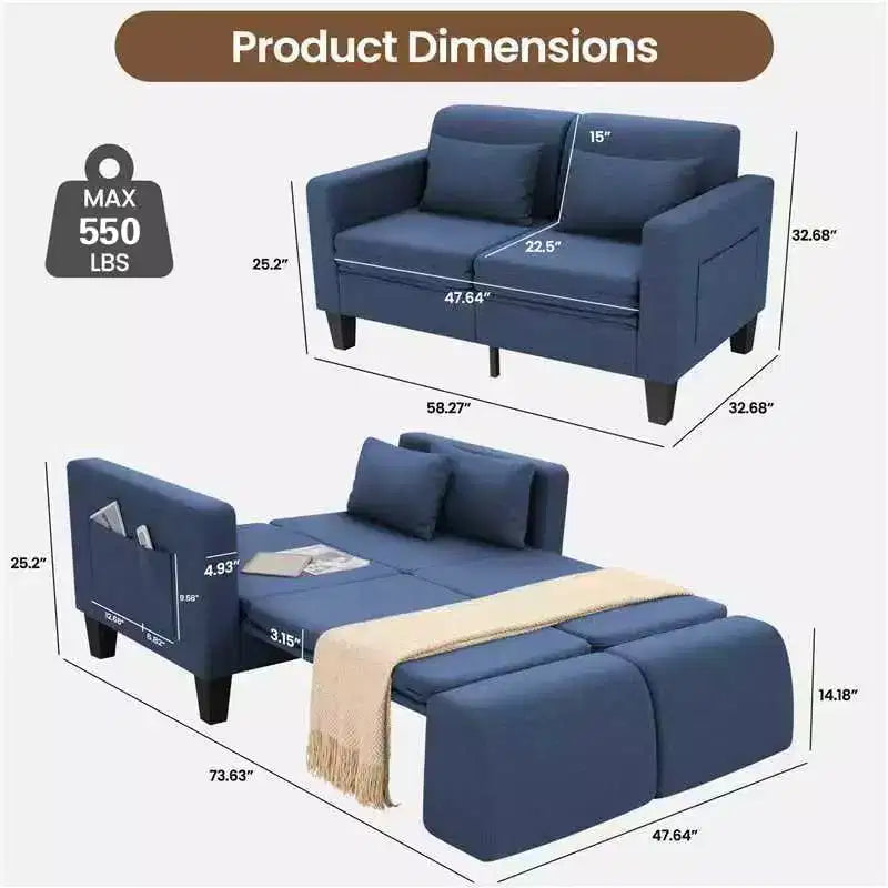 Homdox Canapé convertible 6-en-1, Causeuse de 147 cm avec lit gigogne, Poches de rangement et 2 oreillers, Futon en lin moderne