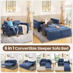 Homdox Canapé convertible 6-en-1, Causeuse de 147 cm avec lit gigogne, Poches de rangement et 2 oreillers, Futon en lin moderne