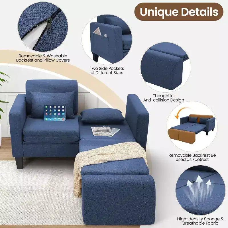Homdox Canapé convertible 6-en-1, Causeuse de 147 cm avec lit gigogne, Poches de rangement et 2 oreillers, Futon en lin moderne