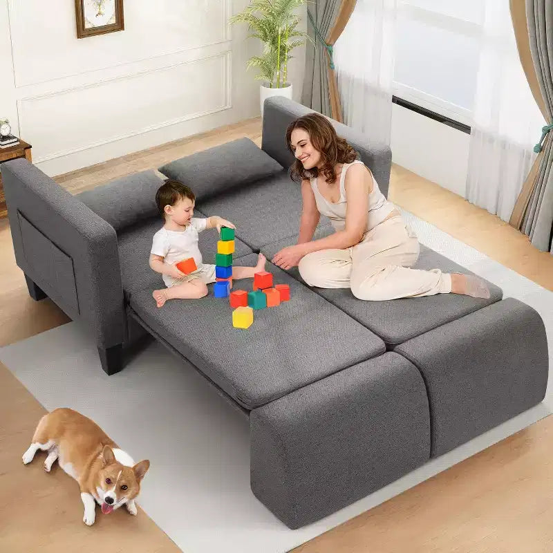 Homdox Canapé convertible 6-en-1, Causeuse de 147 cm avec lit gigogne, Poches de rangement et 2 oreillers, Futon en lin moderne