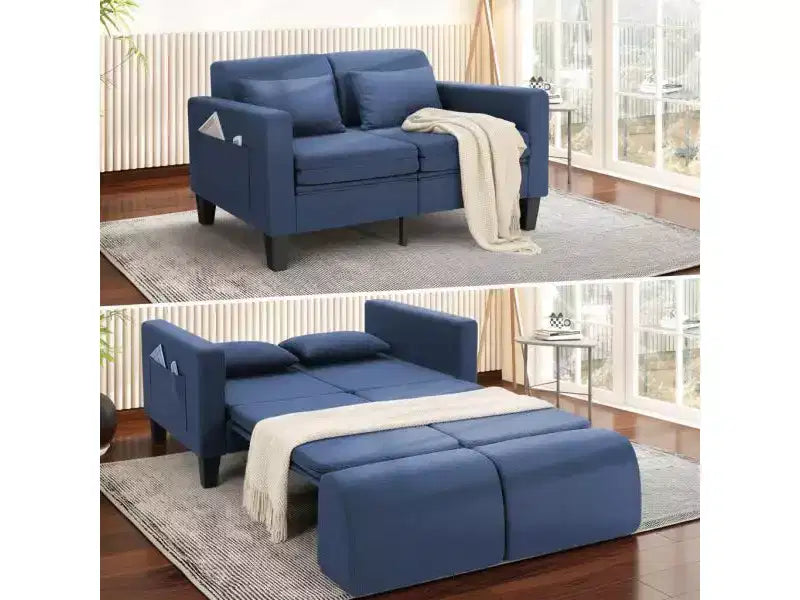 Homdox Canapé convertible 6-en-1, Causeuse de 147 cm avec lit gigogne, Poches de rangement et 2 oreillers, Futon en lin moderne