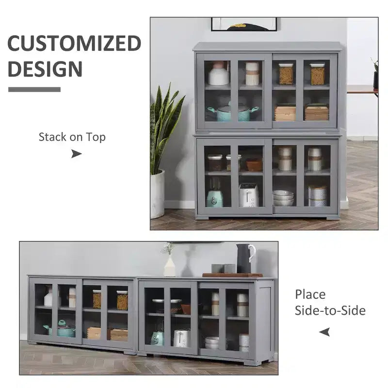 Buffet bahut, meuble de bar empilable avec porte coulissante en verre et étagère réglable