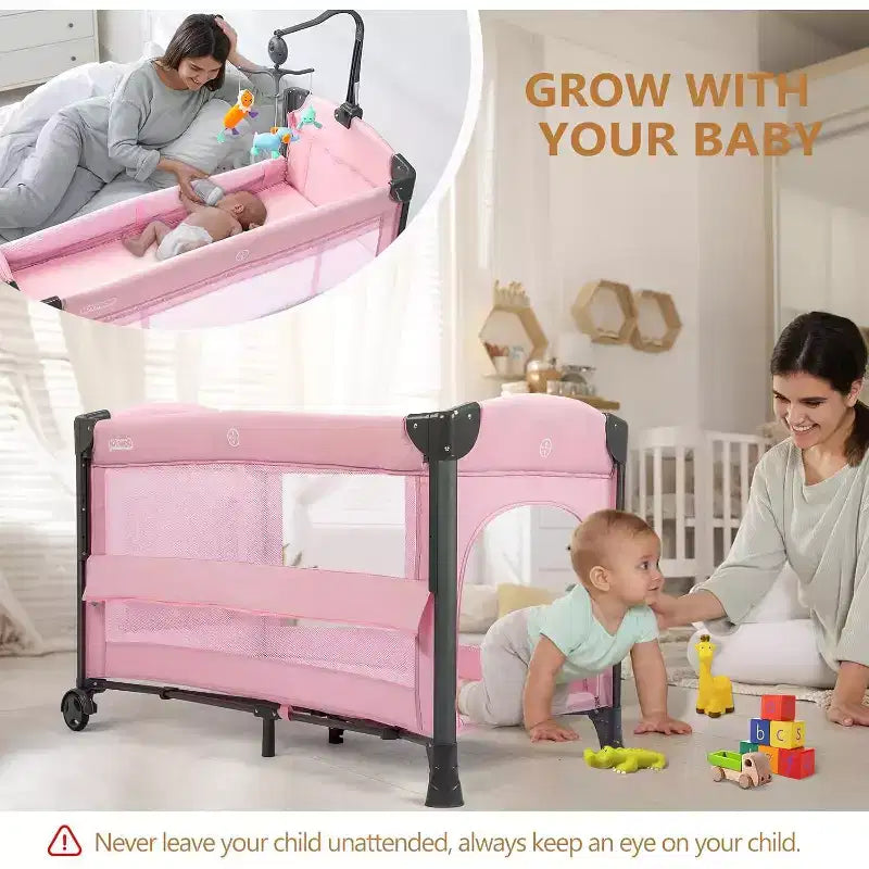 JOYMOR Berceau Cododo Bébé, Berceau Bébé, Parc Bébé Convertible, Lit de Voyage Pliable Rapide, Roues et Frein, Sac de Transport pour Garçons Filles (Rose)