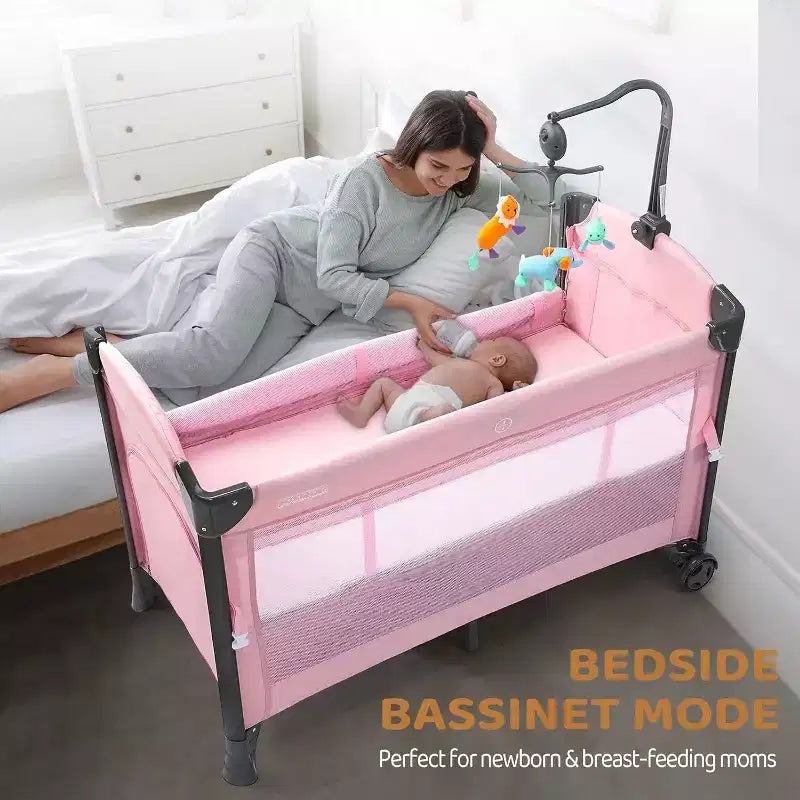 JOYMOR Berceau Cododo Bébé, Berceau Bébé, Parc Bébé Convertible, Lit de Voyage Pliable Rapide, Roues et Frein, Sac de Transport pour Garçons Filles (Rose)