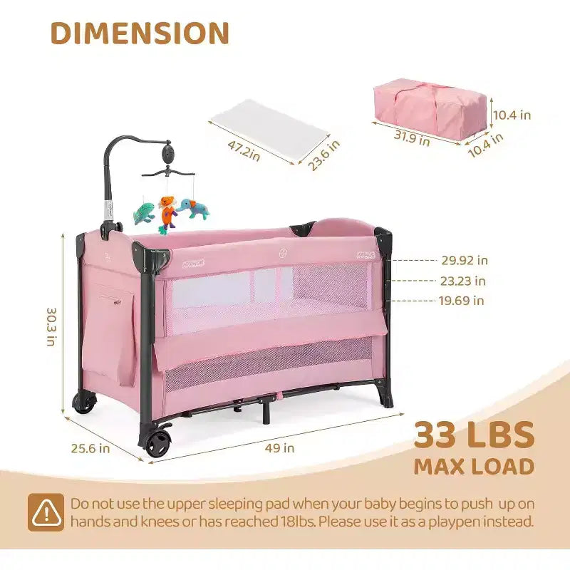 JOYMOR Berceau Cododo Bébé, Berceau Bébé, Parc Bébé Convertible, Lit de Voyage Pliable Rapide, Roues et Frein, Sac de Transport pour Garçons Filles (Rose)
