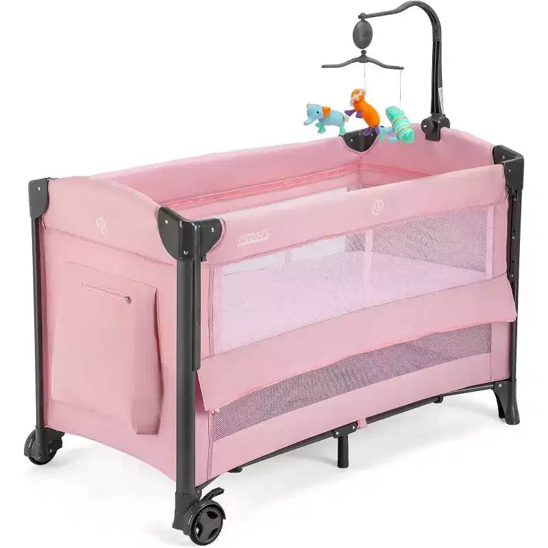 JOYMOR Berceau Cododo Bébé, Berceau Bébé, Parc Bébé Convertible, Lit de Voyage Pliable Rapide, Roues et Frein, Sac de Transport pour Garçons Filles (Rose)